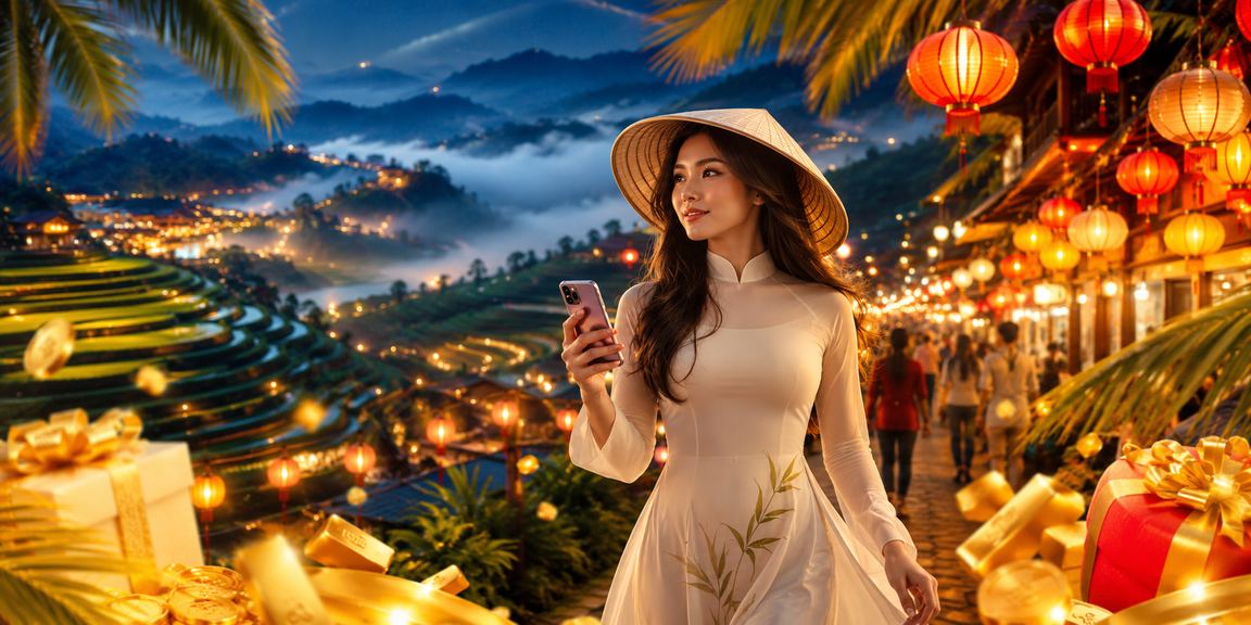 Người dùng casino di động tại chợ đêm Sapa dưới ánh đèn lung linh